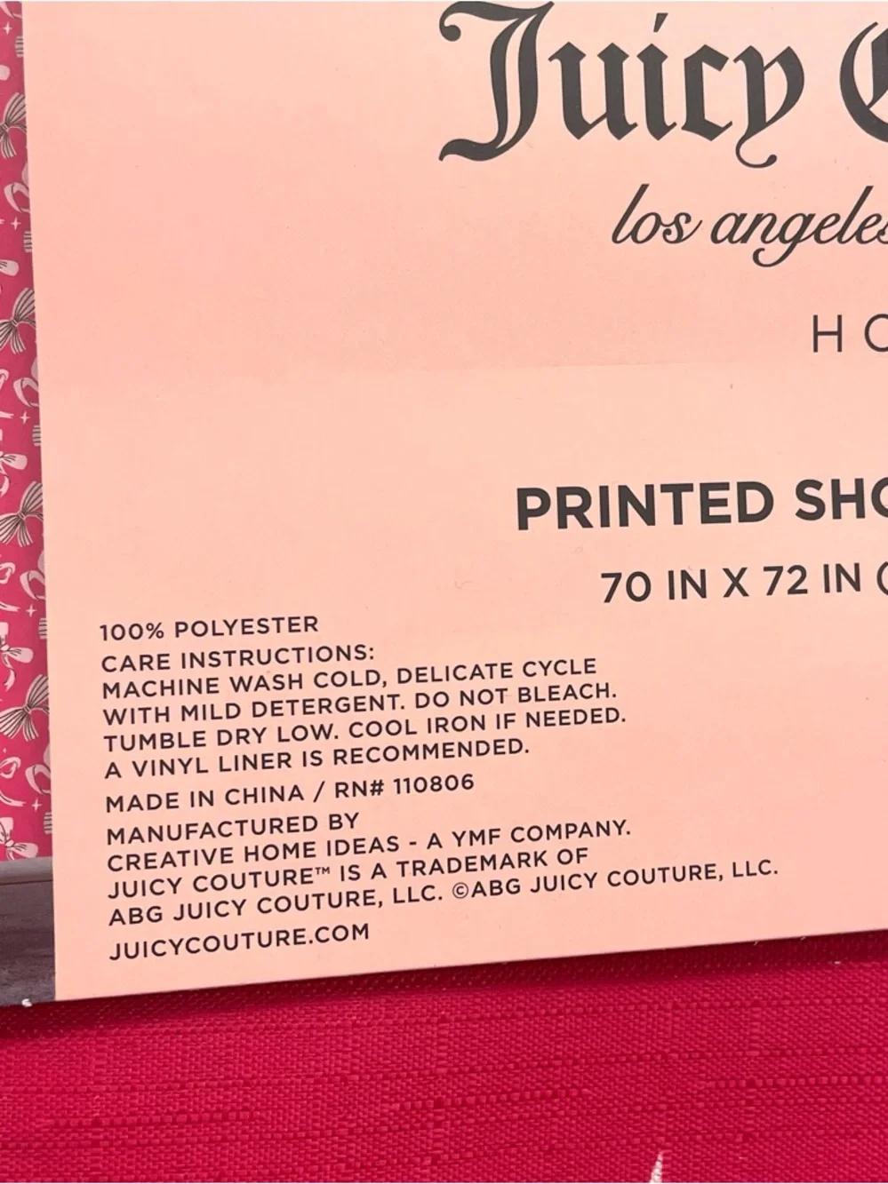 Juicy Couture Dark Pink w/ White Bowknots Shower Curtain 70x72 NEW NWT